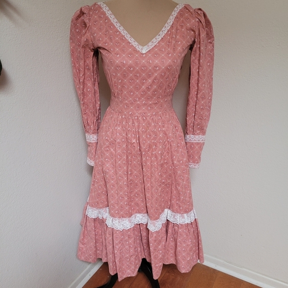 Handmade Dresses & Skirts - An Original By Terri Lee Pink Floral Prairie Dress Long Sleeves V Neck Midi